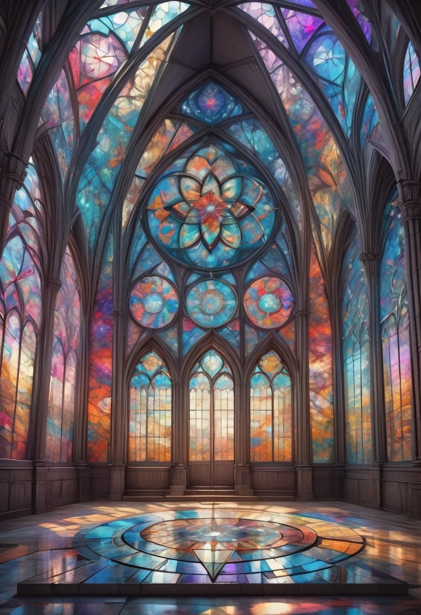 giant geometric shape, Epic stained glass window of a church Colorful glithering beautiful gothic fractal geometry on mandala, Hyperdetailed by Arthur Rackham, intricate details, textured, volumetric, vivid, Antoine Blanchard, vibrant colours, beautiful lighting, perfect composition: detailed matte painting, deep color, fantastical, intricate detail, splash screen, complementary colors, fantasy concept art, 8k resolution trending on Artstation Unreal Engine 5 . masterpiece, best quality, very aesthetic, absurdres, otclillsn