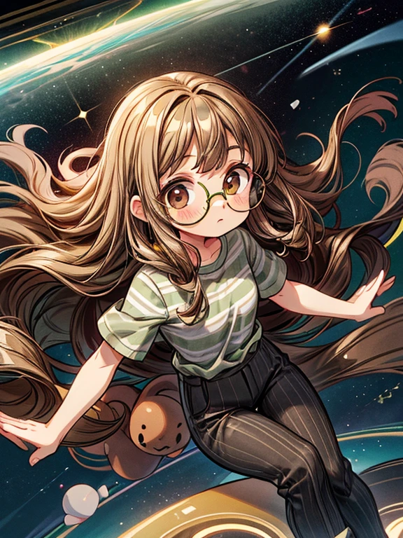 Girl with long brown curly hair, brown eyes, wearing gold circular glasses, a green and gray striped shirt, and black pants, (floating in space)