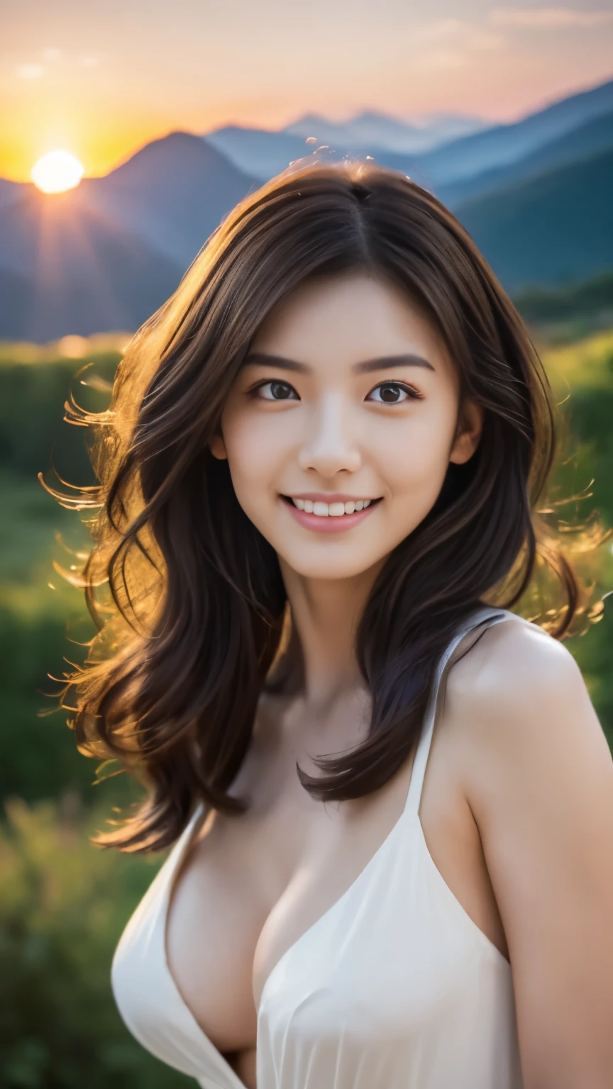 Completely naked,(( realistic light, highest quality, 8K, masterpiece :1.3)), 1 girl, Beautiful woman with slender figure :1.4, abs :1.1, (Floating wavy silk brown hair, hair blowing in the wind, big_chest :1.2), (deep_cleavage), (chestの汗ばんだ皮膚:1.3), Are standing, Sunset in the mountains, Dynamic natural light, super detailed face, fine eyes, double eyelid, shiny skin, full_body shot、smile、short hair style、white costume、see-through costume