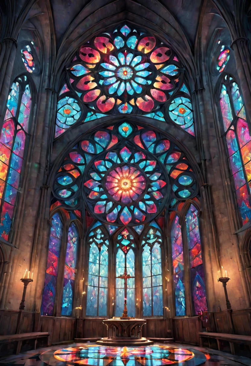 giant geometric shape, Epic stained glass window of a church Colorful glithering beautiful gothic fractal geometry on mandala, Hyperdetailed by Arthur Rackham, intricate details, textured, volumetric, vivid, Antoine Blanchard, vibrant colours, beautiful lighting, perfect composition: detailed matte painting, deep color, fantastical, intricate detail, splash screen, complementary colors, fantasy concept art, 8k resolution trending on Artstation Unreal Engine 5 . masterpiece, best quality, very aesthetic, absurdres, otclillsn