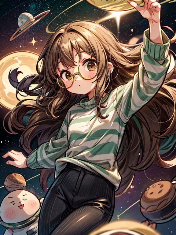 Girl with long brown curly hair, brown eyes, wearing gold circular glasses, a green and gray striped shirt, and black pants, (floating in space)