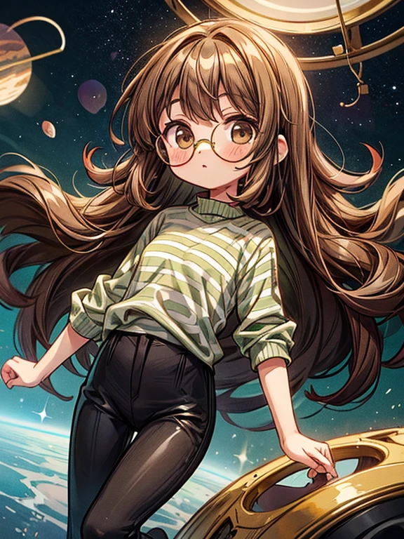 Girl with long brown curly hair, brown eyes, wearing gold circular glasses, a green and gray striped shirt, and black pants, (floating in space)