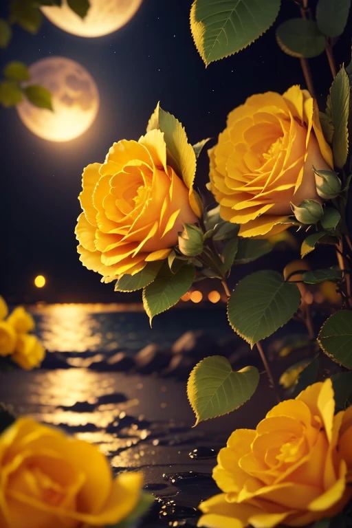 (aesthetic,scenery wallpaper,background,view of a beach at night, border of yellow roses,yellow moon),(best quality,4k,8k,highres,masterpiece:1.2),ultra-detailed,(realistic,photorealistic,photo-realistic:1.37),HDR,UHD,studio lighting,ultra-fine painting,sharp focus,physically-based rendering,extreme detail description,professional,vivid colors,bokeh,landscape,yellow colors,warm tones,moonlight