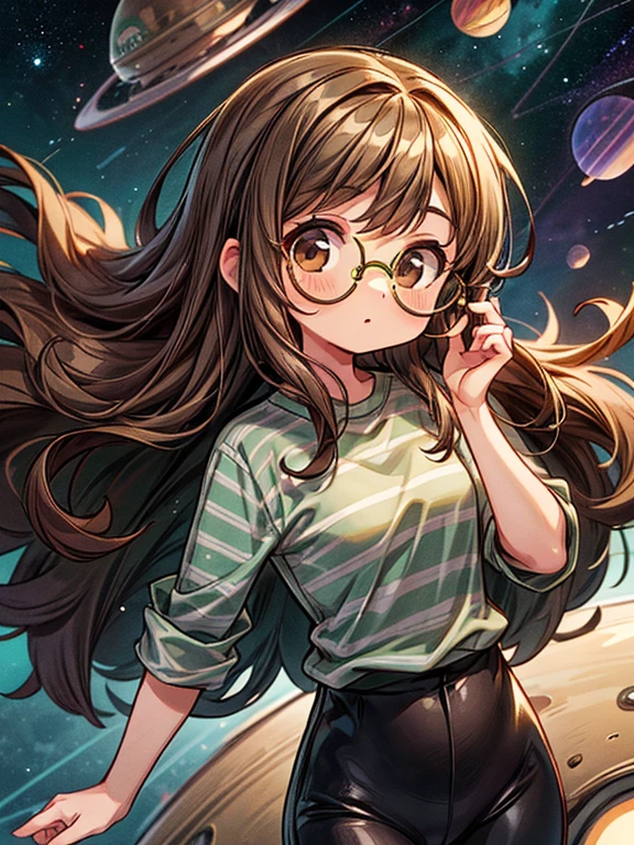 Girl with long brown curly hair, brown eyes, wearing gold circular glasses, a green and gray striped shirt, and black pants, (floating in space)