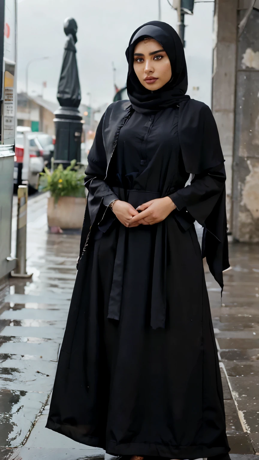 A beautiful girl wearing black hijab in rainy day, full body, with abaya, full detail, realistic