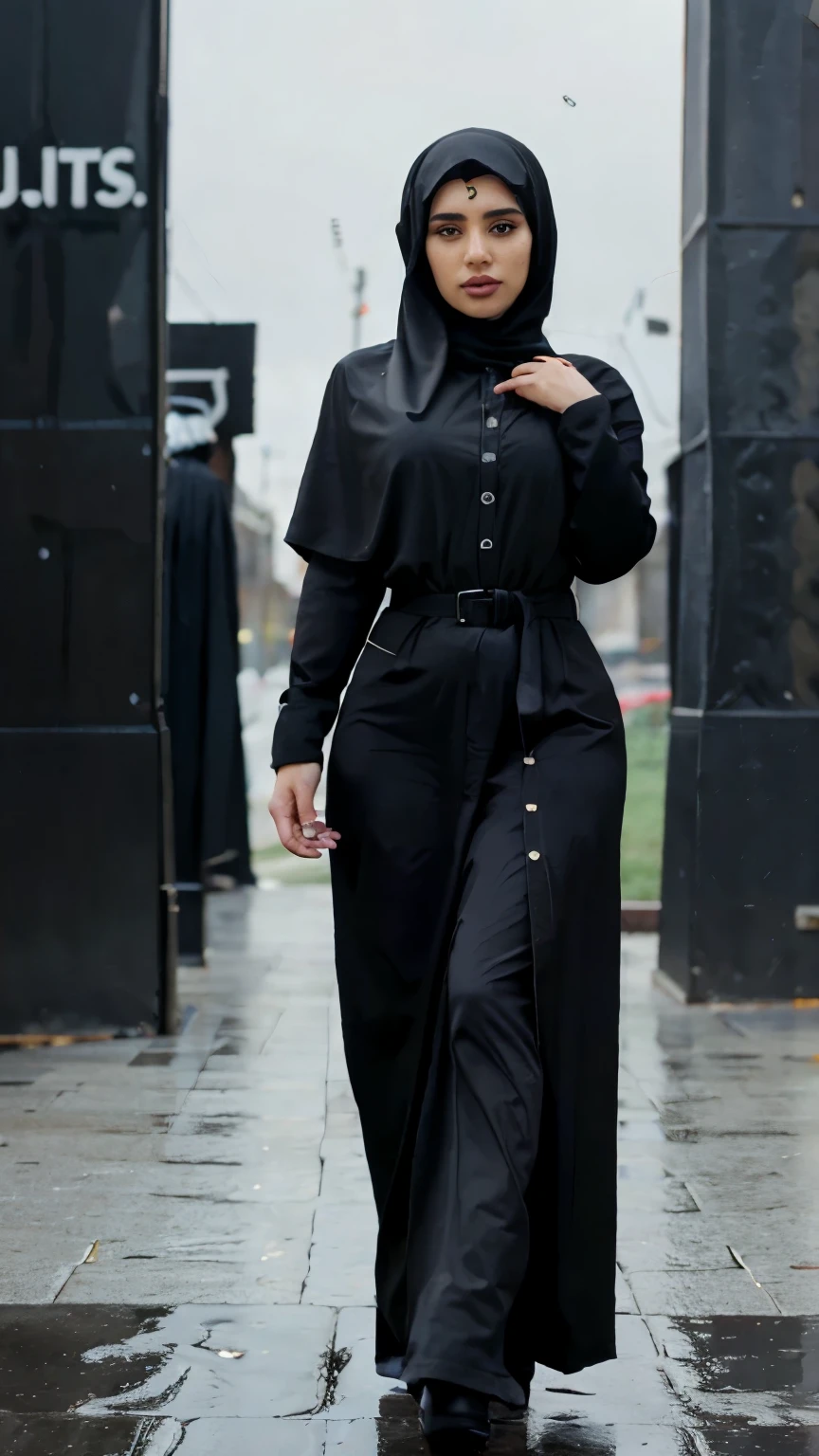 A beautiful girl wearing black hijab in rainy day, full body, with abaya, full detail, realistic