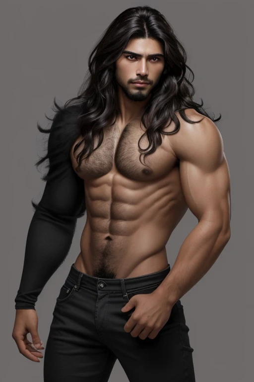 Hombre joven, pelo negro, dark brown eyes, pelo largo, cuerpo musculoso, hombre alto musculoso, guapo, atractivo, orejas de lobo, pelaje negro, atractivo