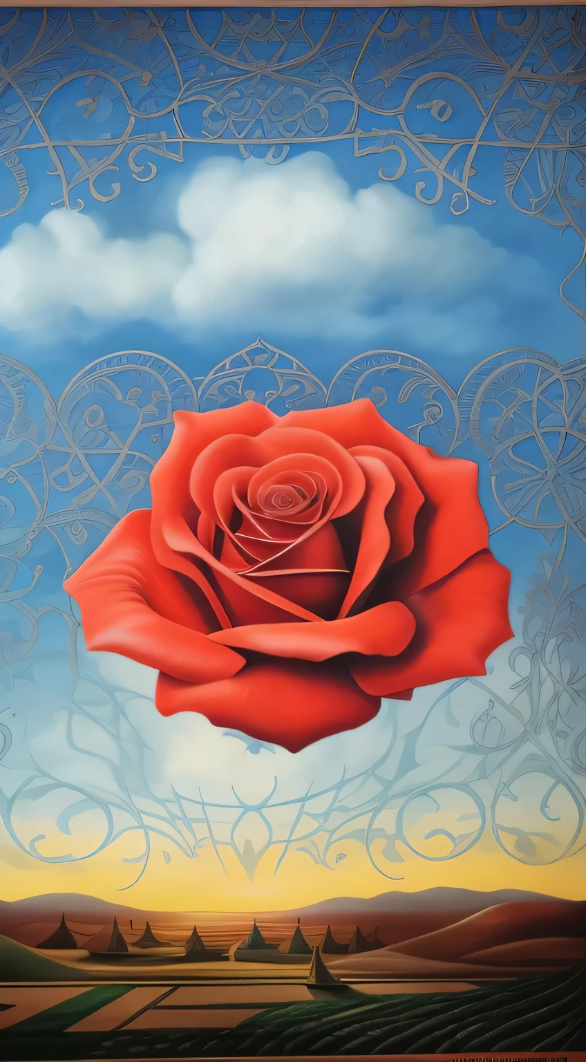 painting of a red rose floating in the air with a sky background, rene magritte. detailed, by Salvador Dalí, by Dali, masterpiece surrealism, by Salvador Dali, rene magritte. hyperdetailed, inspired by Vladimir Kush, at Dalí, emotional surrealist art, ( ( ( surrealism ) ) ), surrealism oil on canvas, salvador dali painting