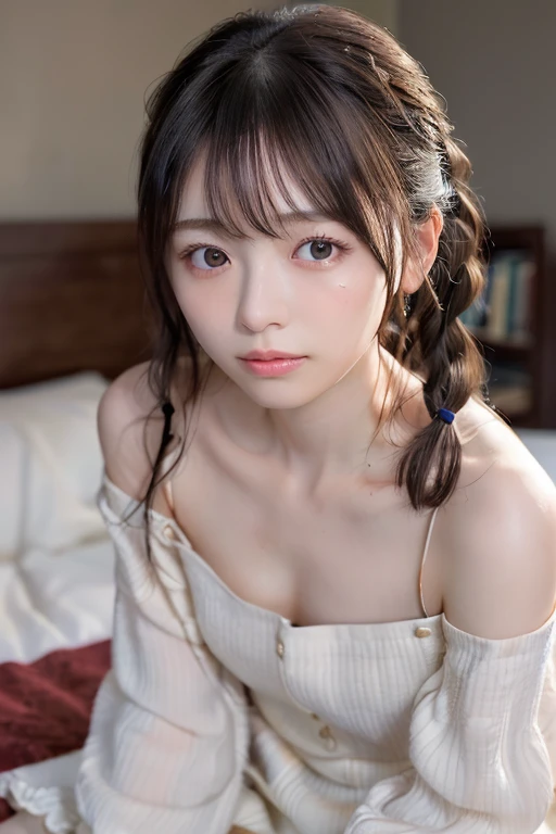 random pose, mix 4, (8K, Raw photo, highest quality, masterpiece: 1.45), (realistic, photorealistic: 1.37), one girl, cute, professional lighting, photon mapping, Physically based rendering, gradient black hair, girl, Silk nightgown, highest qualityの写真, High resolution, 1080p, (clean face), (Detailed facial description), (Detailed hand explanation), (masterpiece), (Detailed CG), extreme light and shadow, messy hair, master work, Rich details, (detailed facial features), (highest qualityの写真), (masterpiece), (fine eyes), look in front of you, thin clavicle, on the bed,From above、loose braids、((sitting on the bed:1.4))、off shoulder、twin tails、round glasses、((close your eyes:1.4))