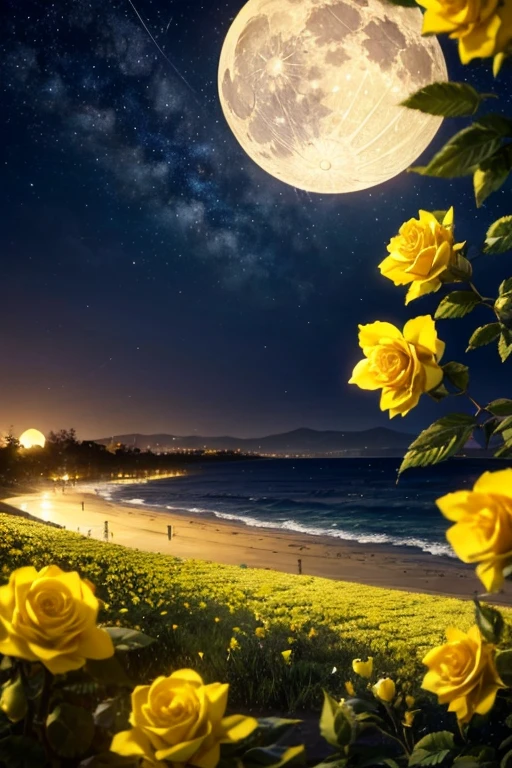 (aesthetic,scenery wallpaper,background,view of a beach at night, border of yellow roses,yellow moon),(best quality,4k,8k,highres,masterpiece:1.2),ultra-detailed,(realistic,photorealistic,photo-realistic:1.37),HDR,UHD,studio lighting,ultra-fine painting,sharp focus,physically-based rendering,extreme detail description,professional,vivid colors,bokeh,landscape,yellow colors,warm tones,moonlight