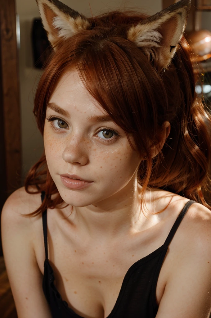 Red-haired girl with fox ears, freckles, looks at the camera, has sex