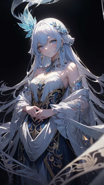 A luminescent ethereal girl, inspired by rococo designs, floats gracefully in a concept art line drawing. The main subject is a glowing figure embodying elegance and otherworldly beauty. The image is a digital painting, meticulously detailed and rich in color. The spirit's flowing gown shimmers with intricate patterns, giving off a soft, ethereal glow that seems to illuminate the darkness around it. The delicate features of its face are serene yet mesmerizing, drawing viewers into a world of enchantment and wonder. The overall composition exudes a sense of unearthly grace and beauty, making it a captivating piece of art.