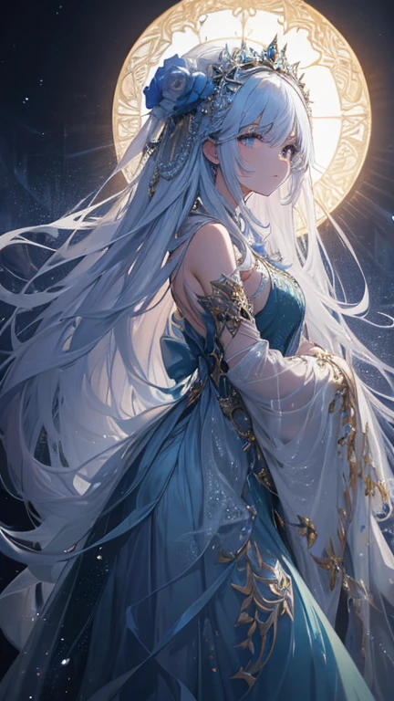 A luminescent ethereal girl, inspired by rococo designs, floats gracefully in a concept art line drawing. The main subject is a glowing figure embodying elegance and otherworldly beauty. The image is a digital painting, meticulously detailed and rich in color. The spirit's flowing gown shimmers with intricate patterns, giving off a soft, ethereal glow that seems to illuminate the darkness around it. The delicate features of its face are serene yet mesmerizing, drawing viewers into a world of enchantment and wonder. The overall composition exudes a sense of unearthly grace and beauty, making it a captivating piece of art.
