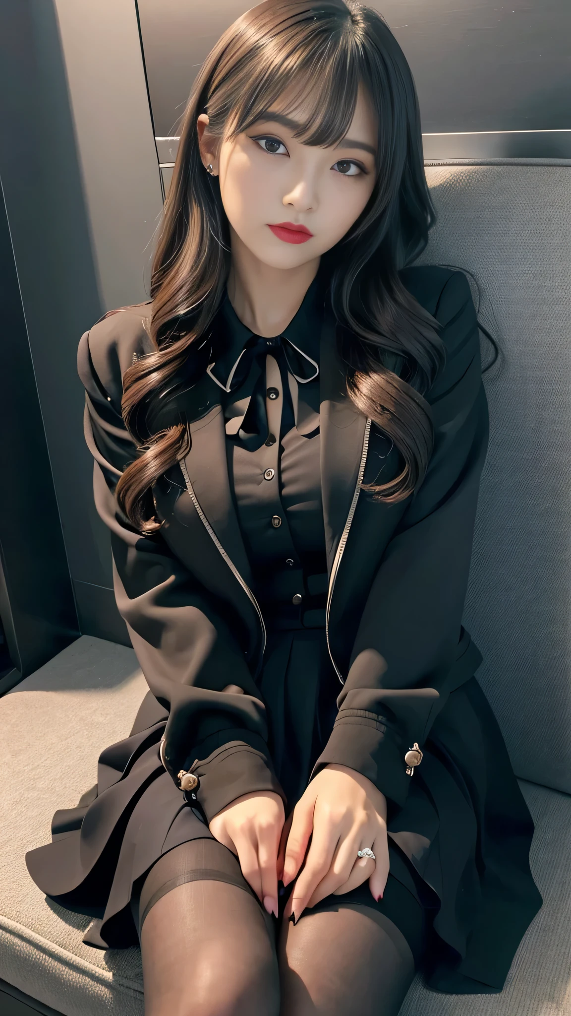 tra-detailed、2girls、Japanese、attractive beauty、seductive adult woman、pretty woman、piercing eyes、cool girl、wavy hair、swept bangs、suit、Jacket、blouse、ribbon、Tight Skirt、pantyhose、beautiful feet、Evil cadres、evil depravity、brainwash、mind control、lipstick、lip gloss、dark makeup、smirk、Whisper in my ear、Evil expression、evil、hollow eyes,half-closed eyes、empty eyes、evil、night room、dark room、vampire、succubus、vampire、Swear allegiance、stand