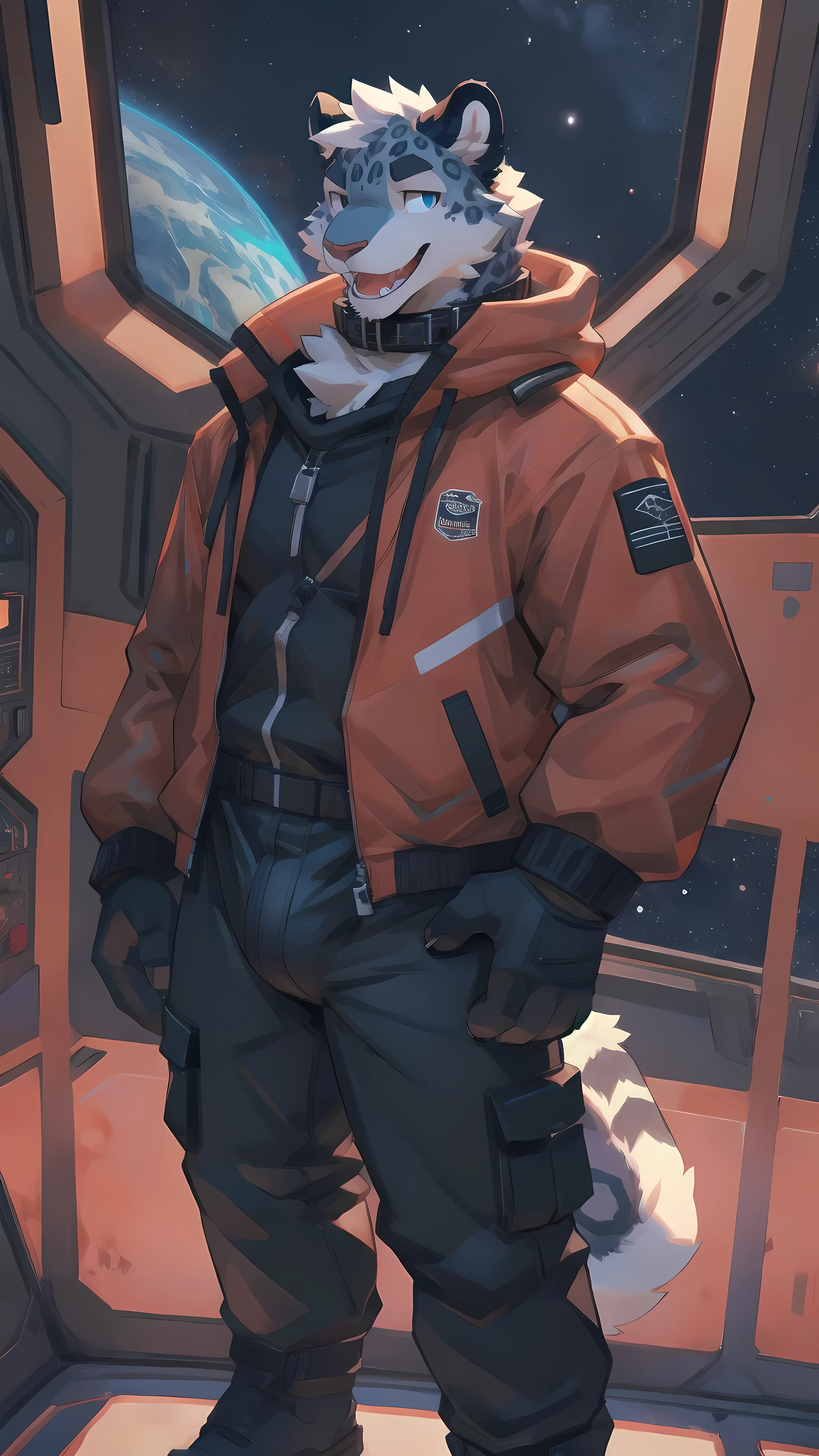 Solo, male, standing, by bigcozyorca, by goonie-san, by bebebebebe, by spikedmauler, facing viewer, black, black fur, snow leopard, bushy tail, buff, spacesuit, space observation deck background, open mouth, detailed mouth, closed mouth grin, drooling, smirking, eductive smile, lustful grin, bulge, bulging, hard bulge, adjusting hard bulge, adjusting bulge, adjusting crotch, cock with knot on it, cum, cumming, big dig cock, Wearing collar, callor on neck, unzipping pants to show off cock, penis, teasing cock