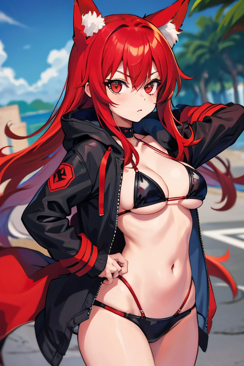 Fox Demon Little Red Lady, Schwarz Bikini, Open red big jacket, Augenklappe