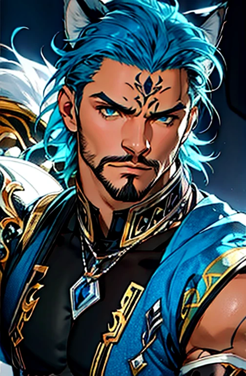 one male, lion ears, blue, blue hair, green eyes, tall, bodybuilder, bara, muscular, beautiful face, highest quality, masterpiece, tatoo forehead, 3d, anime, perfect face, highest detail, feline eyes, stubble, detailed face, intricate details, fantasy background, sad expression, solo,