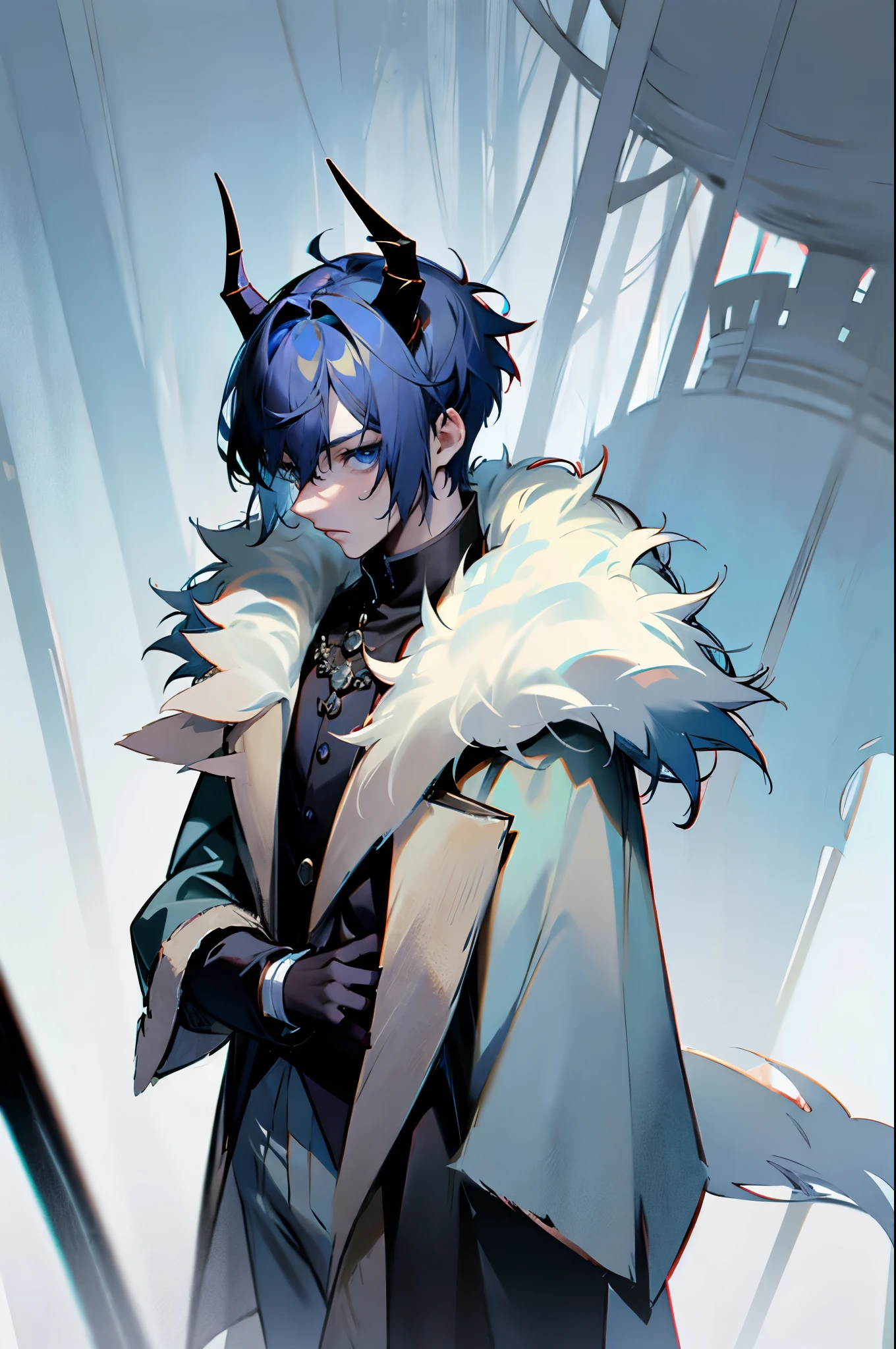 1male, Adult, Blue Eyes, Castle, Horns, Ash Colored Hair, Short Hair, Undercut Hair, Fantasy World, Fantasy Pants, Fur Coat With White Fur Trim, Black Tunic