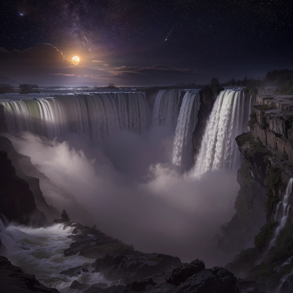 Masterpiece, (total eclipse of the sun:1.2), As the sun's embrace yields to the moon's shadow, Niagara Falls plunges into a cosmic ballet. Darkness envelops the cascades, veiling them in an ethereal mystique. Surreal light dances upon the waters, casting spells of enchantment. A celestial spectacle unfolds, invoking a sense of wonder and awe. Nature's grandeur melds with a touch of magic, weaving dreams into reality. Behold, the convergence of earth, sky, and the unknown, in a moment both fleeting and eternal, 16K, ultra high res.photorealistic, UHD, RAW, wide angle,