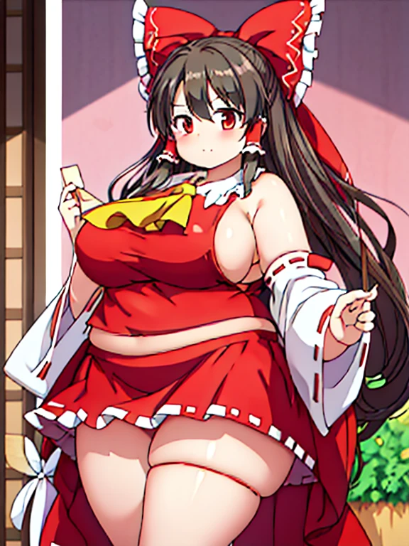 Reimu hakurei, obese, chubby, fat rolls, sideboob, full body,