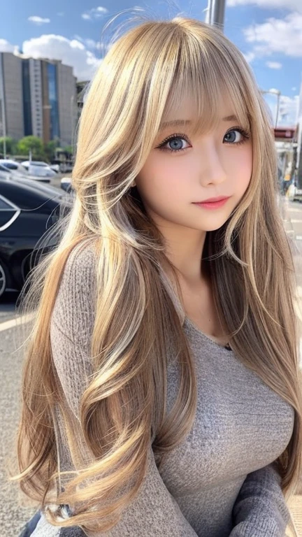 sexy big breasts、Sexy cute looks and cute 15 year old beautiful girl, Beautiful and sexy face、A strong wind blows my hair in front of my face、Beautiful long straight metallic blonde hair with cute and sexy eyes hidden behind long bangs、whole body