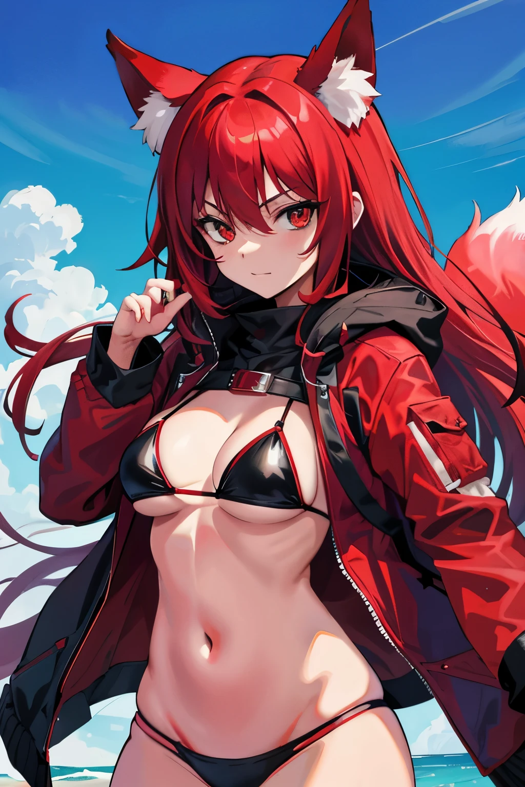 Fox Demon Little Red Lady, Schwarz Bikini, Open red big jacket, Augenklappe