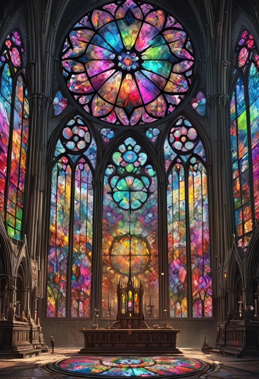 giant geometric shape, Epic stained glass window of a church Colorful glithering beautiful gothic fractal geometry on mandala, Hyperdetailed by Arthur Rackham, intricate details, textured, volumetric, vivid, Antoine Blanchard, vibrant colours, beautiful lighting, perfect composition: detailed matte painting, deep color, fantastical, intricate detail, splash screen, complementary colors, fantasy concept art, 8k resolution trending on Artstation Unreal Engine 5 . masterpiece, best quality, very aesthetic, absurdres, otclillsn