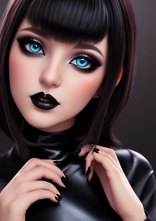 Obra maestra, high quality graphics, vampire and gothic girl sexy busty gothic makeup voluminous lips upturned nose extraordinary beauty, ojos azules cabello corto con flequillo estilo bob, detallado perfecto 12k, detailed hands long nails painted black polish, queriendo morder al espectador