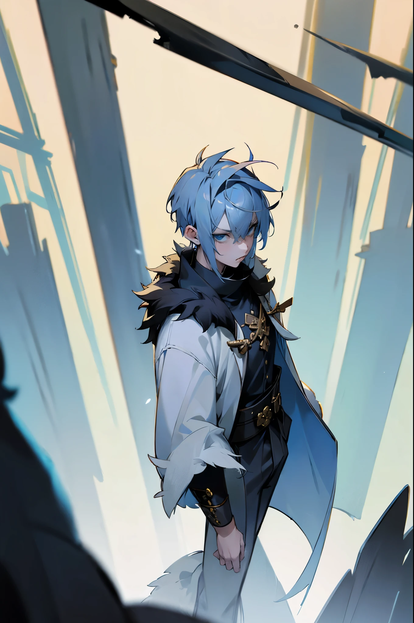 1male, Young Adult, Blue Eyes, Castle, Horns, Ash Colored Hair, Short Hair, Undercut Hair, Fantasy World, Fantasy Pants, Fur Coat With White Fur Trim, Black Tunic