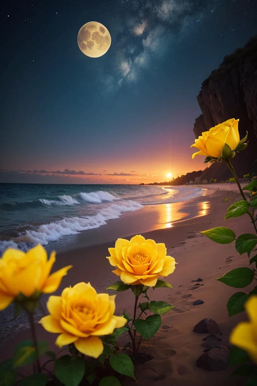 (aesthetic,scenery wallpaper,background,view of a beach at night, border of yellow roses,yellow moon),(best quality,4k,8k,highres,masterpiece:1.2),ultra-detailed,(realistic,photorealistic,photo-realistic:1.37),HDR,UHD,studio lighting,ultra-fine painting,sharp focus,physically-based rendering,extreme detail description,professional,vivid colors,bokeh,landscape,yellow colors,warm tones,moonlight
