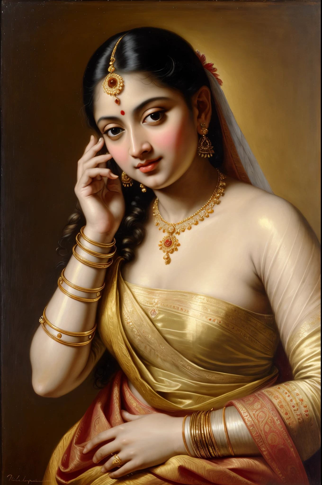 Beautiful Indian Woman, wearing saree, sari Beauty, gorgeous, Apsara, Maharani, royal queen woman, nymph from Hindu Mythology, Urvashi, matchless beauty, Highly detailed, Oil Painting by Peter Paul Rubens inspired by Raja Ravi Varma, Matchless beauty, captivating, gorgeous, heavenly beauty, celestial beauty, by Peter Paul Rubens, 1893, realistic, hyper realistic, micro details, incredible artwork, insane details, ultra High resolution, 8k, 32k, acrylic on canvas, intricate, flawless, detailed, detailed face, detailed eyes, masterpiece, by Peter Paul Rubens, by Caravaggio, by William Adolphe bouguereau, perfect face, perfect body, beautiful art, realism, baroque, renaissance Art, highly textured, beautiful and detailed eyes, uhd, best quality,