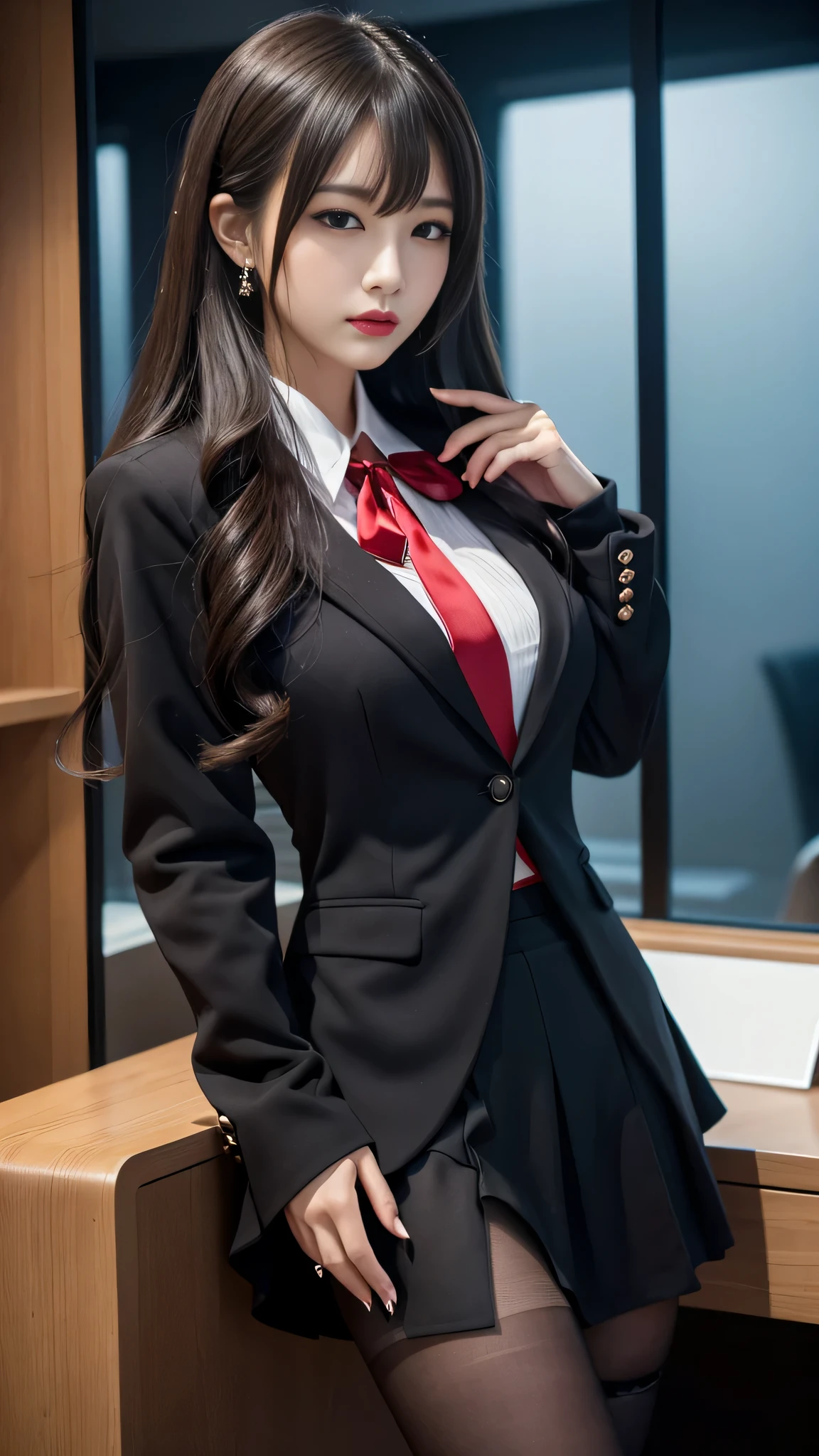 tra-detailed、2girls、Japanese、attractive beauty、seductive adult woman、pretty woman、piercing eyes、cool girl、wavy hair、swept bangs、suit、Jacket、blouse、ribbon、Tight Skirt、pantyhose、beautiful feet、Evil cadres、evil depravity、brainwash、mind control、lipstick、lip gloss、dark makeup、smirk、Whisper in my ear、Evil expression、evil、hollow eyes,half-closed eyes、empty eyes、evil、night room、dark room、vampire、succubus、vampire、Swear allegiance、stand、