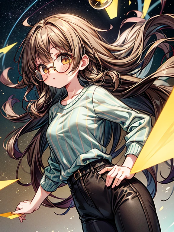 Girl with long brown curly hair, brown eyes, wearing gold circular glasses, a green and gray striped shirt, and black pants, (floating in space)