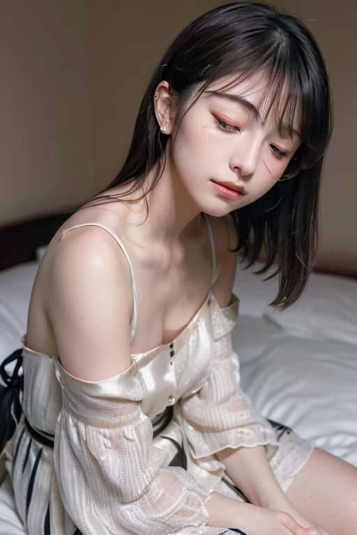 random pose, mix 4, (8K, Raw photo, highest quality, masterpiece: 1.45), (realistic, photorealistic: 1.37), one girl, cute, professional lighting, photon mapping, Physically based rendering, gradient black hair, girl, Silk nightgown, highest qualityの写真, High resolution, 1080p, (clean face), (Detailed facial description), (Detailed hand explanation), (masterpiece), (Detailed CG), extreme light and shadow, messy hair, master work, Rich details, (detailed facial features), (highest qualityの写真), (masterpiece), thin clavicle, on the bed,From above、braided、((sitting on the bed:1.4))、off shoulder、round glasses、((close your eyes:1.4))、open your mouth a little