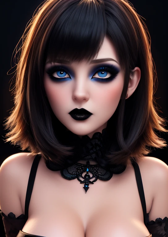 Obra maestra, high quality graphics, vampire and gothic girl sexy busty gothic makeup voluminous lips upturned nose extraordinary beauty, ojos azules cabello corto con flequillo estilo bob, detallado perfecto 12k, detailed hands long nails painted black polish, boca abierta para morder