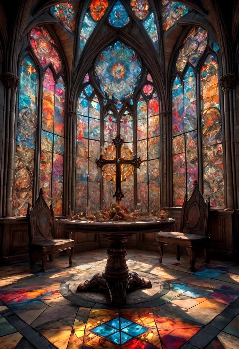 giant geometric shape, Epic stained glass window of a church Colorful glithering beautiful gothic fractal geometry on mandala, Hyperdetailed by Arthur Rackham, intricate details, textured, volumetric, vivid, Antoine Blanchard, vibrant colours, beautiful lighting, perfect composition: detailed matte painting, deep color, fantastical, intricate detail, splash screen, complementary colors, fantasy concept art, 8k resolution trending on Artstation Unreal Engine 5 . masterpiece, best quality, very aesthetic, absurdres, otclillsn