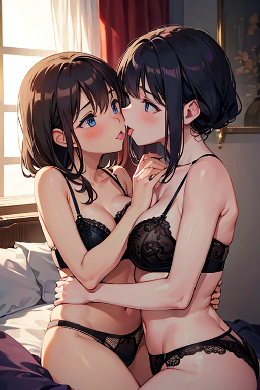 two girls in lingerie, kissing with tongue in the bedroom