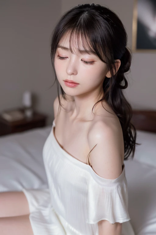 random pose, mix 4, (8K, Raw photo, highest quality, masterpiece: 1.45), (realistic, photorealistic: 1.37), one girl, cute, professional lighting, photon mapping, Physically based rendering, gradient black hair, girl, Silk nightgown, highest qualityの写真, High resolution, 1080p, (clean face), (Detailed facial description), (Detailed hand explanation), (masterpiece), (Detailed CG), extreme light and shadow, messy hair, master work, Rich details, (detailed facial features), (highest qualityの写真), (masterpiece), thin clavicle, on the bed,From above、braided、((sitting on the bed:1.4))、off shoulder、round glasses、((close your eyes:1.4))、open your mouth a little