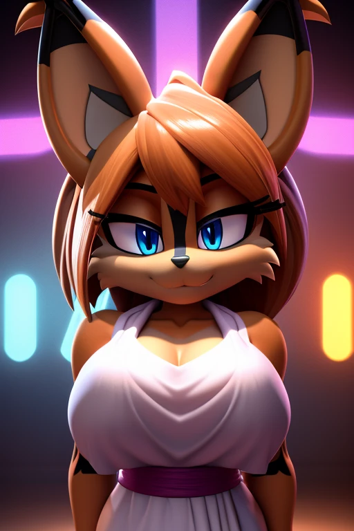 Masterpiece, high quality, studio quality, intricate details, 4k, 1girl, solo, Nicole the Holo-Lynx, toga, eyes open, blue eyes, big breasts