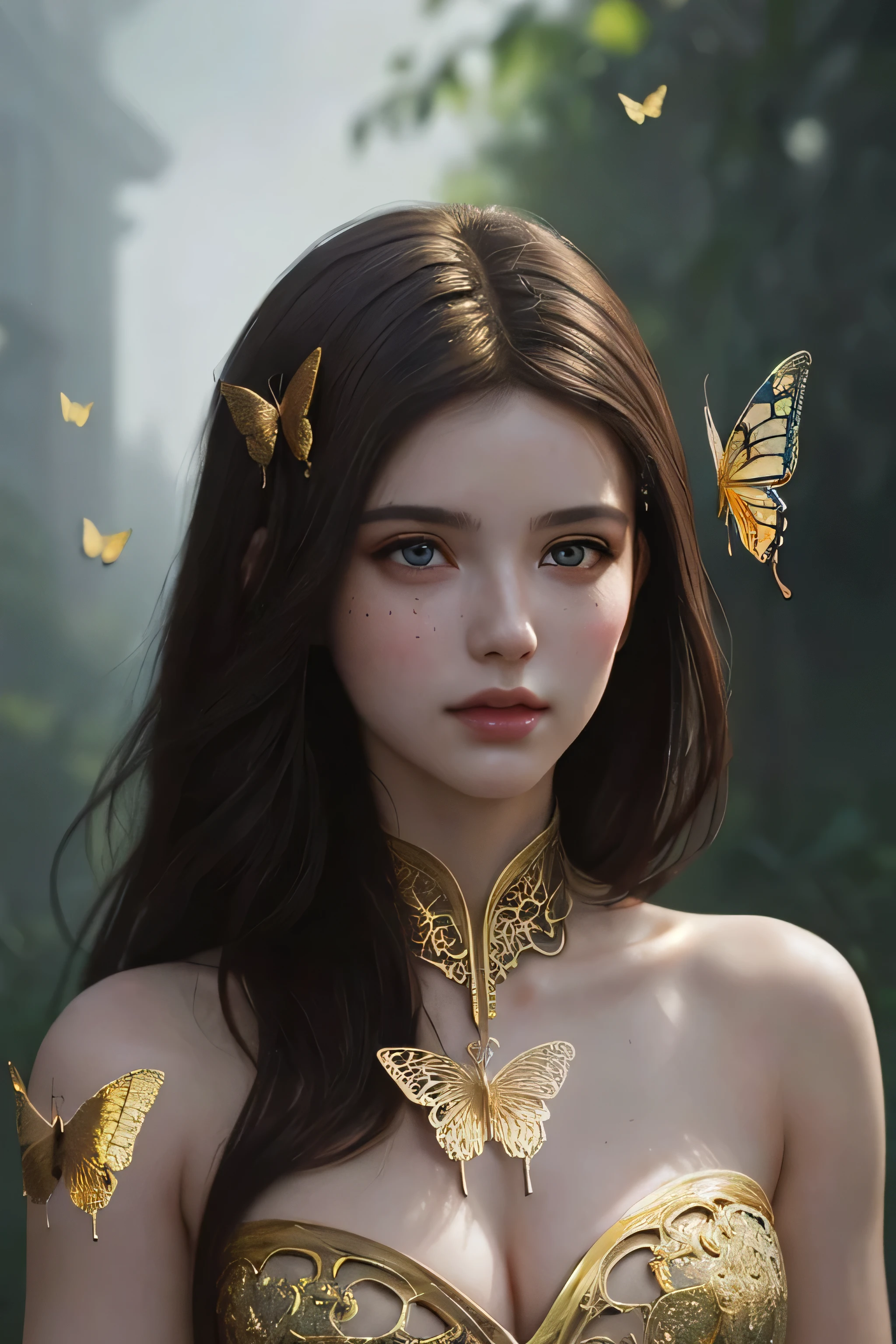 8k portrait of beautiful cyborg with brown hair, intricate, elegant, highly detailed, majestic, digital photography, art by artgerm and ruan jia and greg rutkowski surreal painting gold butterfly filigree, broken glass, (masterpiece, sidelighting, finely detailed beautiful eyes: 1.2), hdr, 