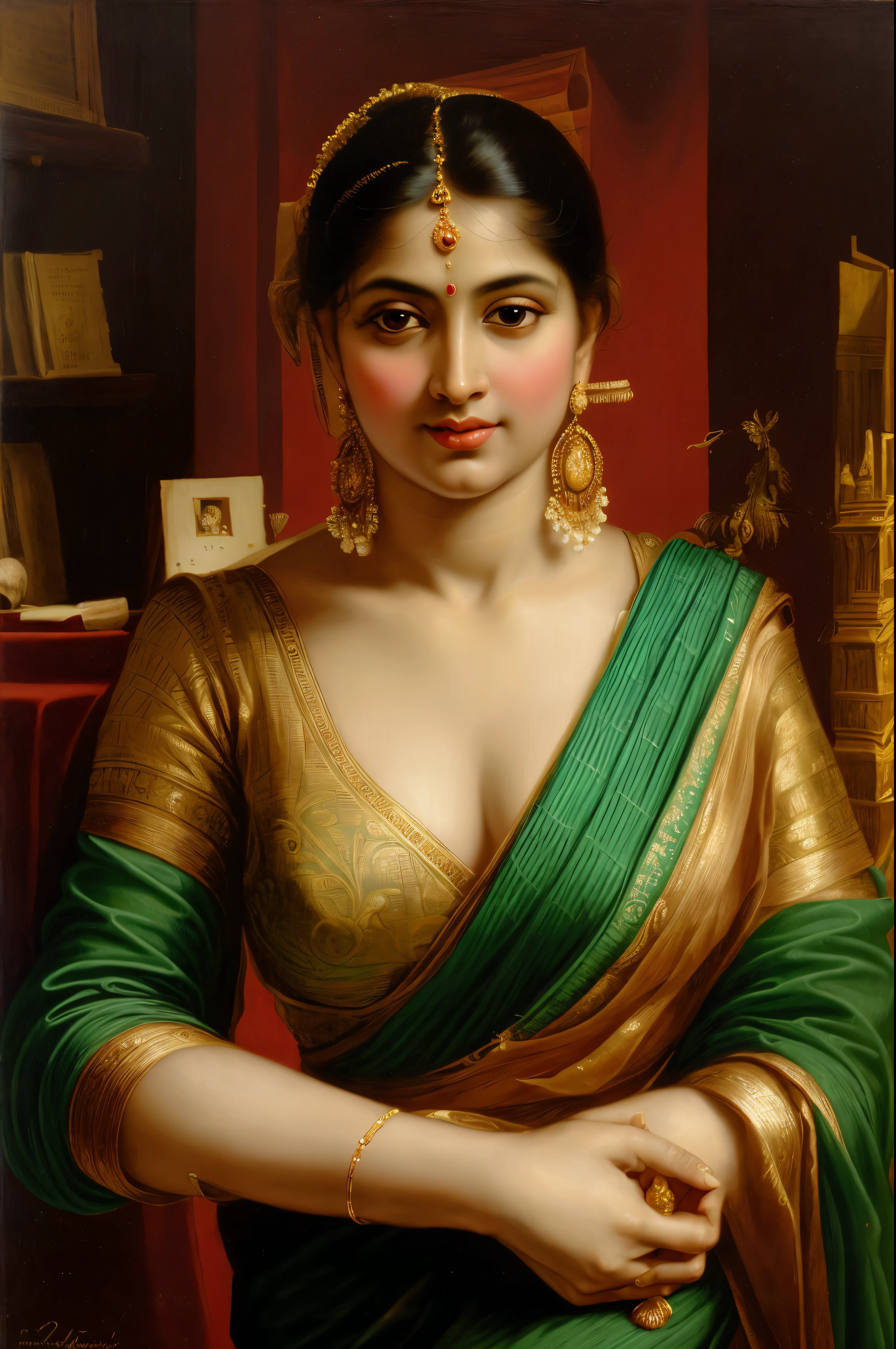 Beautiful Indian Woman, wearing saree, sari Beauty, gorgeous, Apsara, Maharani, royal queen woman, nymph from Hindu Mythology, Urvashi, matchless beauty, Highly detailed, Oil Painting by Peter Paul Rubens inspired by Raja Ravi Varma, Matchless beauty, captivating, gorgeous, heavenly beauty, celestial beauty, by Peter Paul Rubens, 13, realistic, hyper realistic, micro details, incredible artwork, insane details, ultra High resolution, 8k, 32k, acrylic on canvas, intricate, flawless, detailed, detailed face, detailed eyes, masterpiece, by Peter Paul Rubens, by Caravaggio, by William Adolphe bouguereau, perfect face, perfect body, beautiful art, realism, baroque, renaissance Art, highly textured, beautiful and detailed eyes, uhd, best quality,
