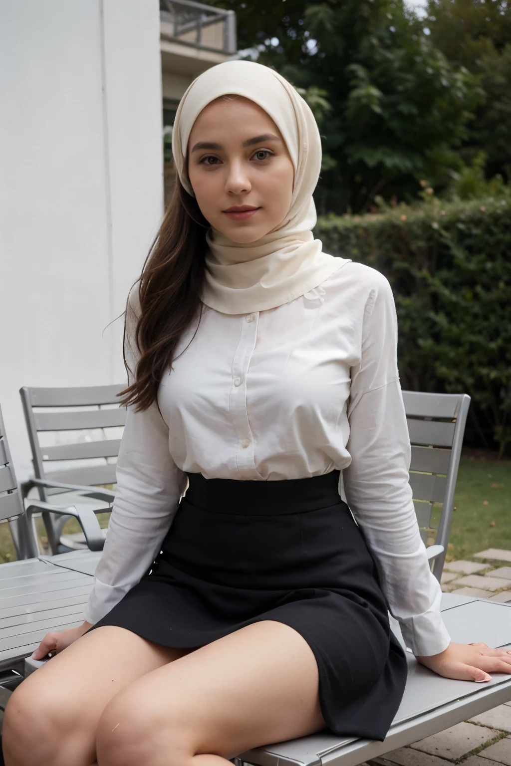 Femme assise en terrasse, robe courte, hijab, hupskirt 