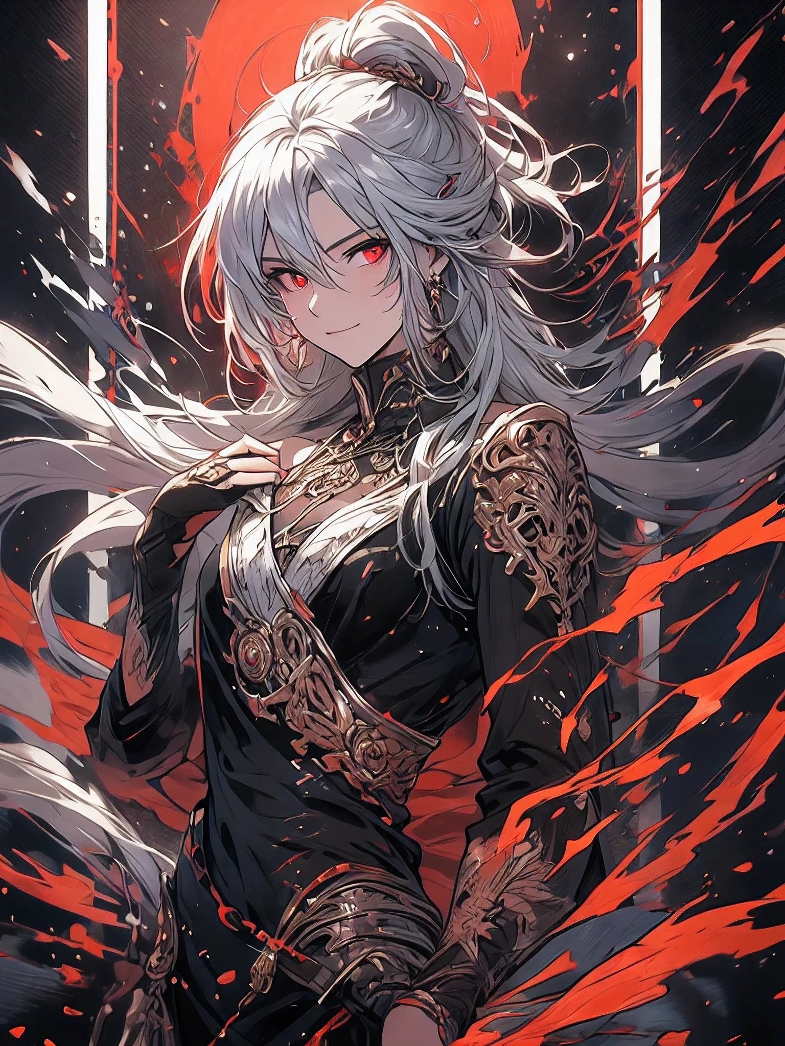 ((masterpiece)), ((ultra-detailed)), ((best quality)), ((intricate details)), senti, red eyes, close up, (flat chest, smirk:1.1), white eyes, white hair, ponytail, dynamic pose