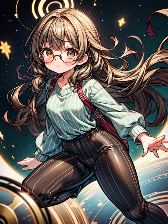 Girl with long brown curly hair, brown eyes, wearing gold circular glasses, a green and gray striped shirt, and black pants, holding a blunt and floating in space