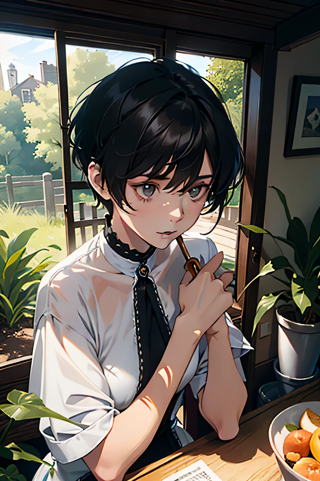 (absurdres, high - resolution, overdetalization), 1 female, beutiful, tall slim girl, short hair, Hands close up, Better light and shadow, Background - Lane, Detailed sunlight, Sit, Little cats gathered nearby to her, Spotted sunlight, daytime, dof, Plants, summer, (dutch angle), closed mouth,