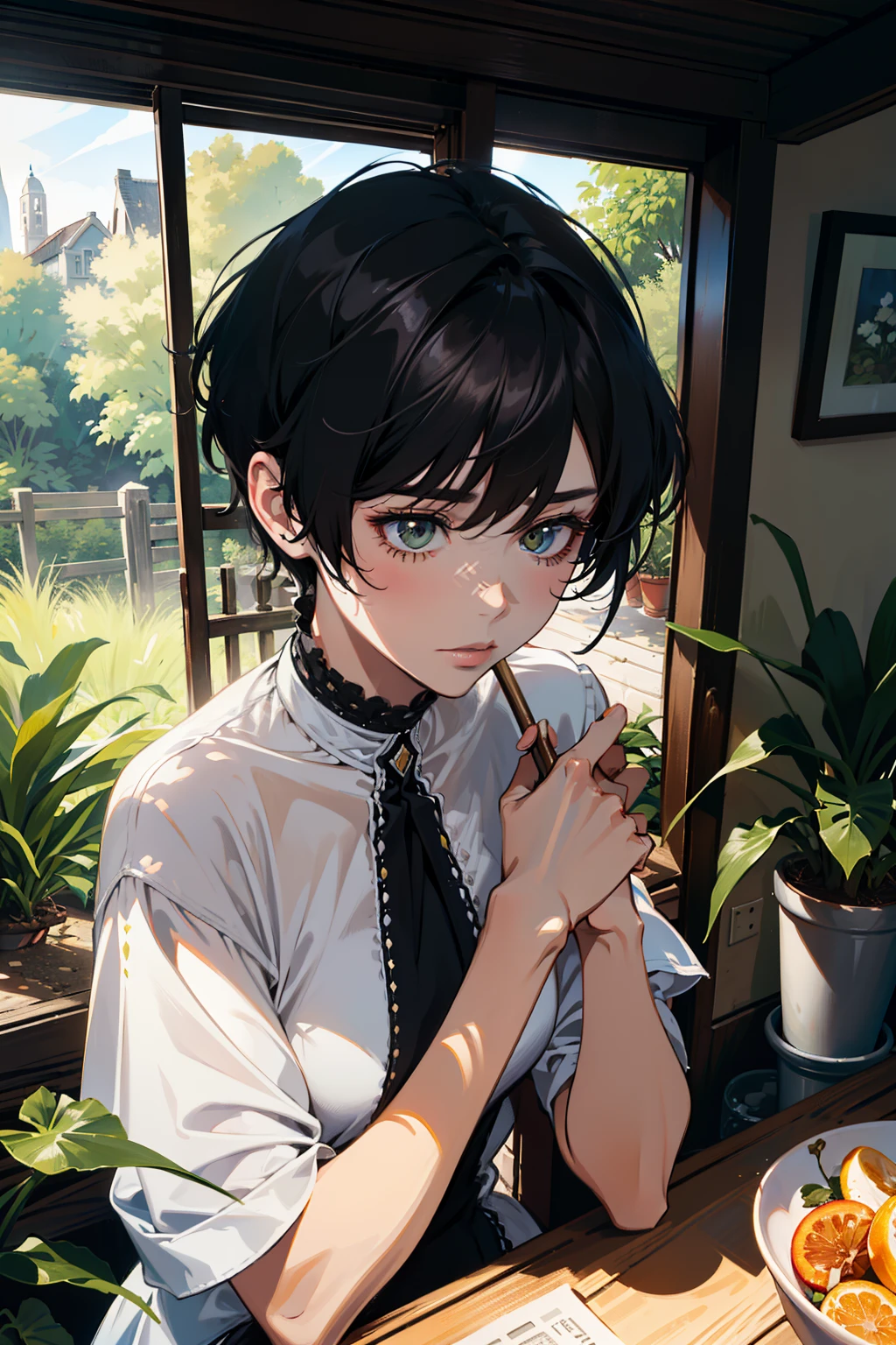 (absurdres, high - resolution, overdetalization), 1 female, beutiful, tall slim girl, short hair, Hands close up, Better light and shadow, Background - Lane, Detailed sunlight, Sit, Little cats gathered nearby to her, Spotted sunlight, daytime, dof, Plants, summer, (dutch angle), closed mouth,