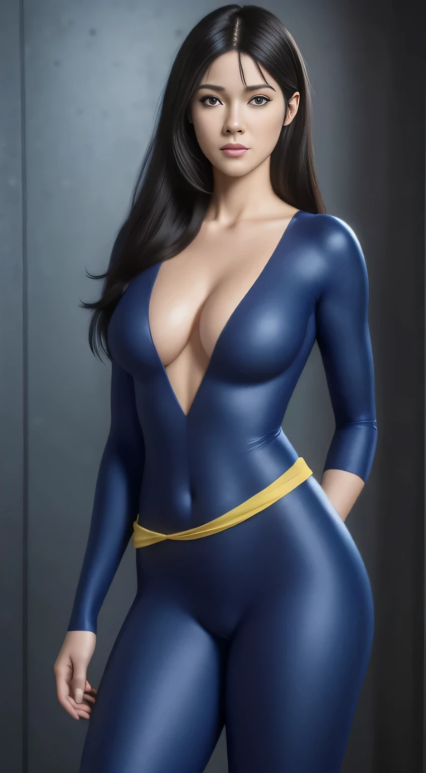 masterpiece, best quality, highly detailed, ultra high resolution, (photorealistic: 1.8), unreal_engine, photography, realistic_skin_texture, wallpaper, 1 boy, hayato kasukabe, japanese face, (ultra detailed face), 8k, trending on artstation, highly detailed , best quality, ultra detailed, realistic, Hitomi Kisugi, 1 girl, beautiful girl, long black hair, beautiful detailed eyes, beautiful detailed lips, eyelashes, beautiful eyes, beautiful brown eyes, detailed face, beautiful face, beautiful face, blue bodysuit, dressed in blue, a thin yellow sash around the waist, bright colors, HDR, studio lighting, sharp focus, in action towards the spectator, posing towards the spectator