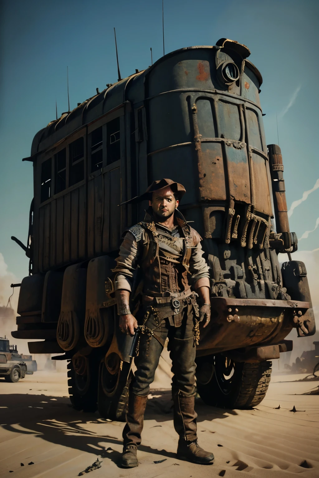 8K photorealistic render of a dieselpunk oil baron standing in front of his fleet of diesel vehicles and airships, detailed, rich color palette, inspired by Kilian Eng, Mad Max: Fury Road and Bioshock Infinite
