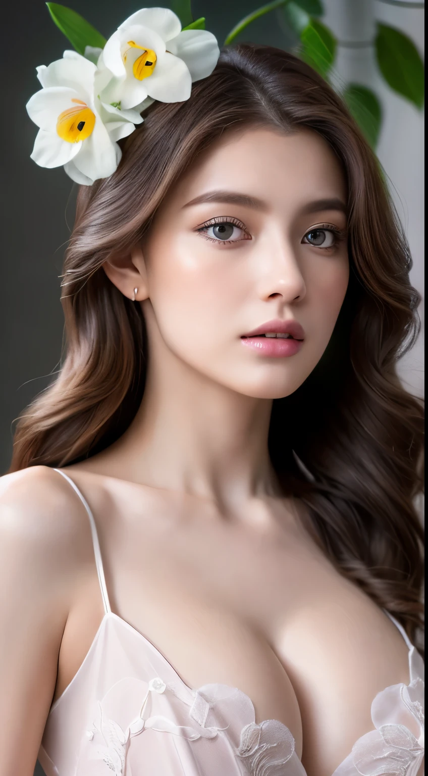 (highest quality,4k,8K,High resolution,masterpiece:1.2),Super detailed,(realistic,realistic,realistic:1.37),Slow Sports,woman,flowing long hair,Off-white iris,empty gaze,plump pink lips,White flowers bloom at the tip of my hair,elegant,medium shot,black dress.delicate long legs,big breasts,cleavage