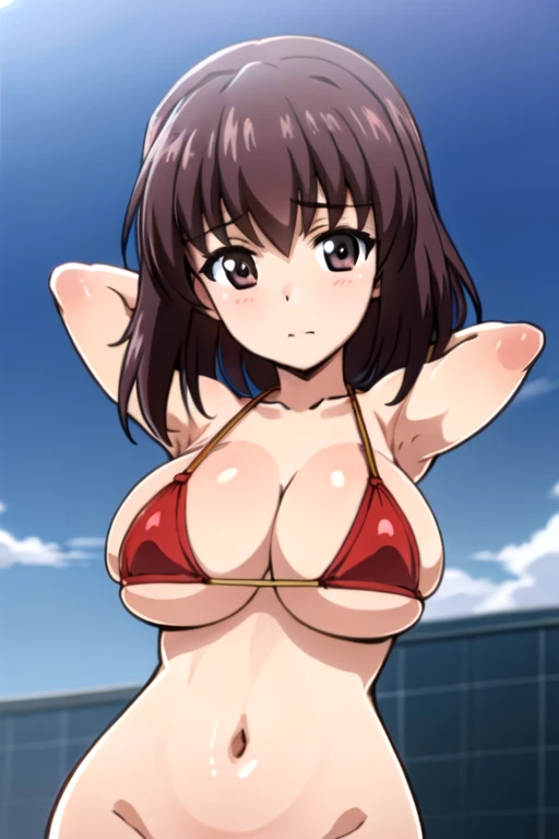(anime cels style, best quality, high resolution, megami magazine, anime poster style, sharp, 8k, photorealistic), (beautiful eyes:1.2), (kondou_taeko:1.5, Girls und Panzer), 1girl, brown medium hair, brown eyes, (red headband), (large breast), (red bikini), upper body, (perfect detailed anatomy, beautiful face, perfect body, perfect arms, shiny skin), sunshine, bluesky